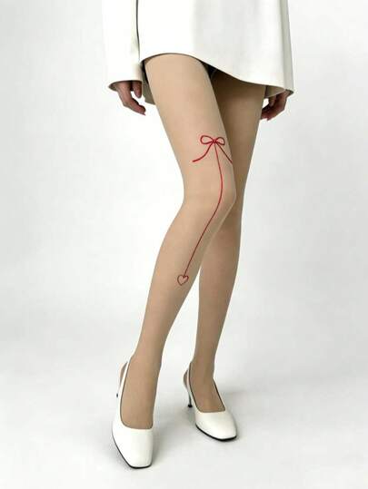 1 Pair New Minimalist Line Pattern Tights, Sophisticated Red & Black Simple Line Design Pantyhose For Women, Suitable For Daily Commute, Spring/Summer Outfit, Intellectual & Cute, Perfect For Date & Valentine's Day