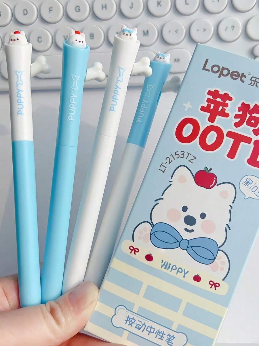 Hộp 4 bút bi kiểu dáng Apple Dog, mực đen 0.5mm, bút viết sáng tạo, đồ dùng văn phòng.