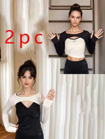 1 pieza/2 piezas Manga raglán de unicolor, camiseta corta ajustada cómoda de modal con cuello falso, cuello desmontable sexy, negro, manga larga, apta para uso diario.