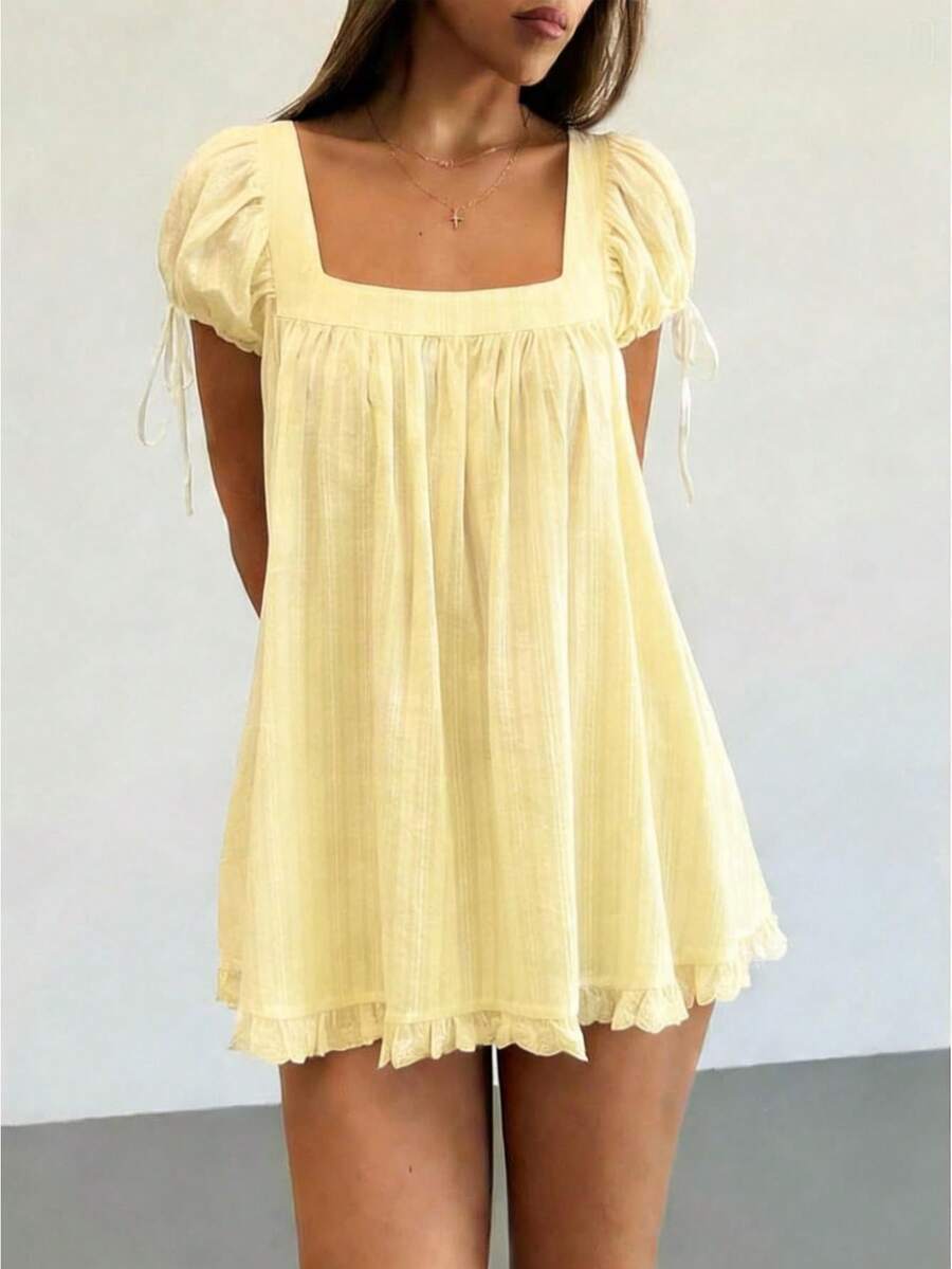 Womens Square Neck Blouse Short Sleeve Babydoll Ruffle Tops Dress Oversized Cute Peplum Casual Top Y2K Lace Trim Ruffle Flowy Dresses - Vàng nhạt - Xem 1