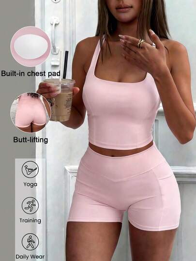 GAOVOT Women's Summer White Sports 2 Pieces Set, Minimalist Square Neck Padded Top With High Waist Pocket Shorts, Suitable For Sports, Yoga, Fitness, Cycling