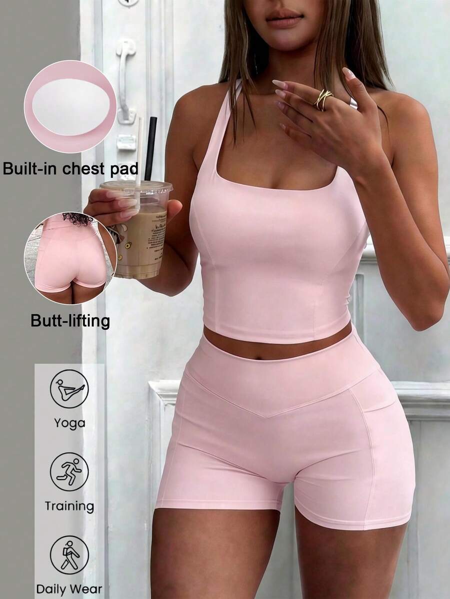 GAOVOT Women's 2 Pieces Sports Set, Summer Sexy Tank Top With Padded Chest And High-Waisted Pocket Shorts, Suitable For Yoga, Cycling And Fitness Pink - 粉色 - 查看 1