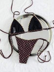 Bộ bikini buộc dây cổ màu trơn, gợi cảm, tối giản, thích hợp cho nữ, đi biển, du lịch, dự tiệc, mẫu mới Xuân/Hè. - Chấm nâu - Xem 3