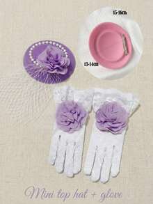 2pcs/Set Purple Tulle Rhinestone Bow Fascinator Hat + Bow Gloves For Girls & Teens, Wedding Photography Props, Party Photobooth Accessories, Wedding Decor - Purple - View 4