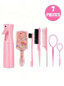 7件套方形梳子和喷雾瓶套装，卡通埃菲尔铁塔印花防静电塑料梳子，便携式图案发梳，高压喷雾瓶，适合青少年，中性发质，耐用ABS手柄，可爱方形设计，美发造型工具套装 - 彩色 - 查看 24