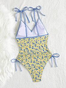 Traje de baño de una pieza con estampado floral y cuadros, con escote en V y tirantes para mujer - Multicolor - Ver 2