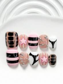 10Pcs Y2K Style Handmade Press On Nail,Polygel Nail Set,Five Pointed Stars,Pink, Black And White  Nail Polish,Youthful Style,Includes Nail Tools,3 Sizes Available,Square,Short Square,Almond,Nails For Party,Dance,Daily Wear. - 彩色 - 查看 11