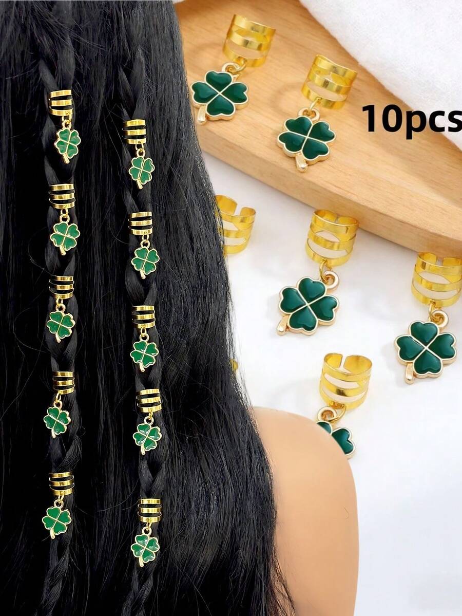 6pcs Four-Leaf Clover Hair Clips, Braids Beads Hair Ties Hair Clips For Braids, Essential For St. Patrick's Day - Green - View 1