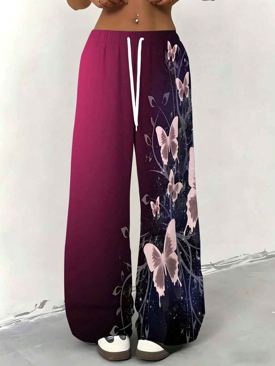 Womens Plus Size Summer Wide Leg Pants Butterfly Print Fashion Loose Casual Style Daily Gift Womens Clothes Suitable For Casual Sportswear 250g - Nhiều màu - Xem 1