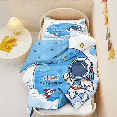 2 piezas Juego de ropa de cama infantil con astronauta lindo | Funda nórdica y funda de almohada con estampado de planeta espacial y cohete | Decoración de guardería caprichosa para pequeños exploradores 76x102cm