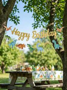 Watercolor Cartoon Dinosaur Birthday Decorations Ribbons, Gold Glitter "Happy Birthday" Banner With Tyrannosaurus Rex And Triceratops, Jurassic Theme Kids Boys Girls Baby Shower Party Decor - Dinosaur Theme - View 2