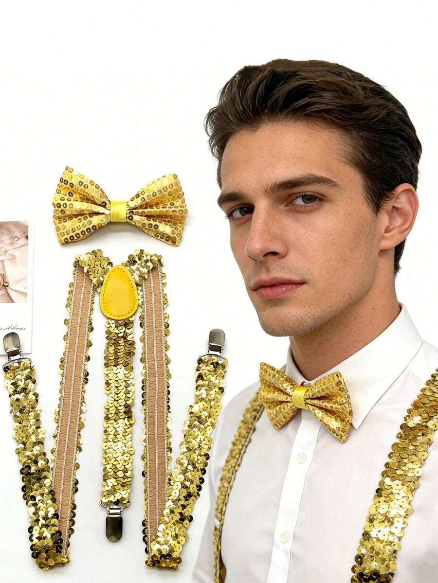 Bộ 1/2 món - Áo vest và cà vạt dành cho nam và người lớn, phụ kiện trang phục dự tiệc ngày lễ. Bộ áo vest và cà vạt đính kim sa vàng lấp lánh, vui nhộn và cá tính của chúng tôi sẽ giúp bạn trở thành tâm điểm chú ý. - Nhiều màu - Xem 1