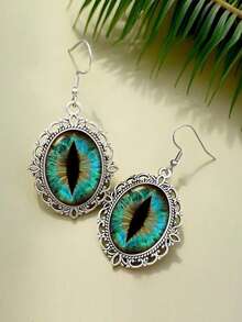 Bohemian Turquoise Dragon Eye Oval Dangle Earrings - Mysterious Reptile Eye Statement Jewelry For Party - Silver - View 4