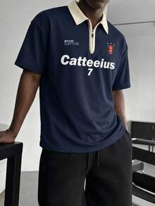 1件藏蓝色男士短袖T恤，男士Polo衫，撞色领半拉链T恤，字母印花，美式街头风，可机洗，适合夏季外出、通勤和休闲穿着 - 藏蓝色 - 查看 6