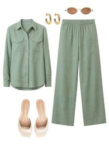 ADD MODA REF AS1790 SHIRT SET WITH POCKETS AND ELASTIC WAIST PANTS - 綠色 - 查看 7