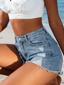 Women's Sexy Distressed Stretch Slim Fit Straight Leg Denim Shorts, Summer - Medium Wash - View 4