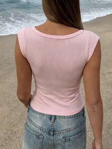 Women's Basic Tank Top 100% Polyester Summer Solid Color Va Neck Sleeveless Slim Fit Vest Crop Tops Casual Daily Going Out Top Tee Shirt Beach Vacation Y2K Streetwear - 粉紅色 - 查看 2