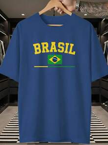 Unisex T-Shirt Supporting The Brazilian National Football Team, Flag, Stripes, Short Sleeve, Men's And Women's, 100% Cotton, Casual, Crew Neck - 寶藍色 - 查看 1