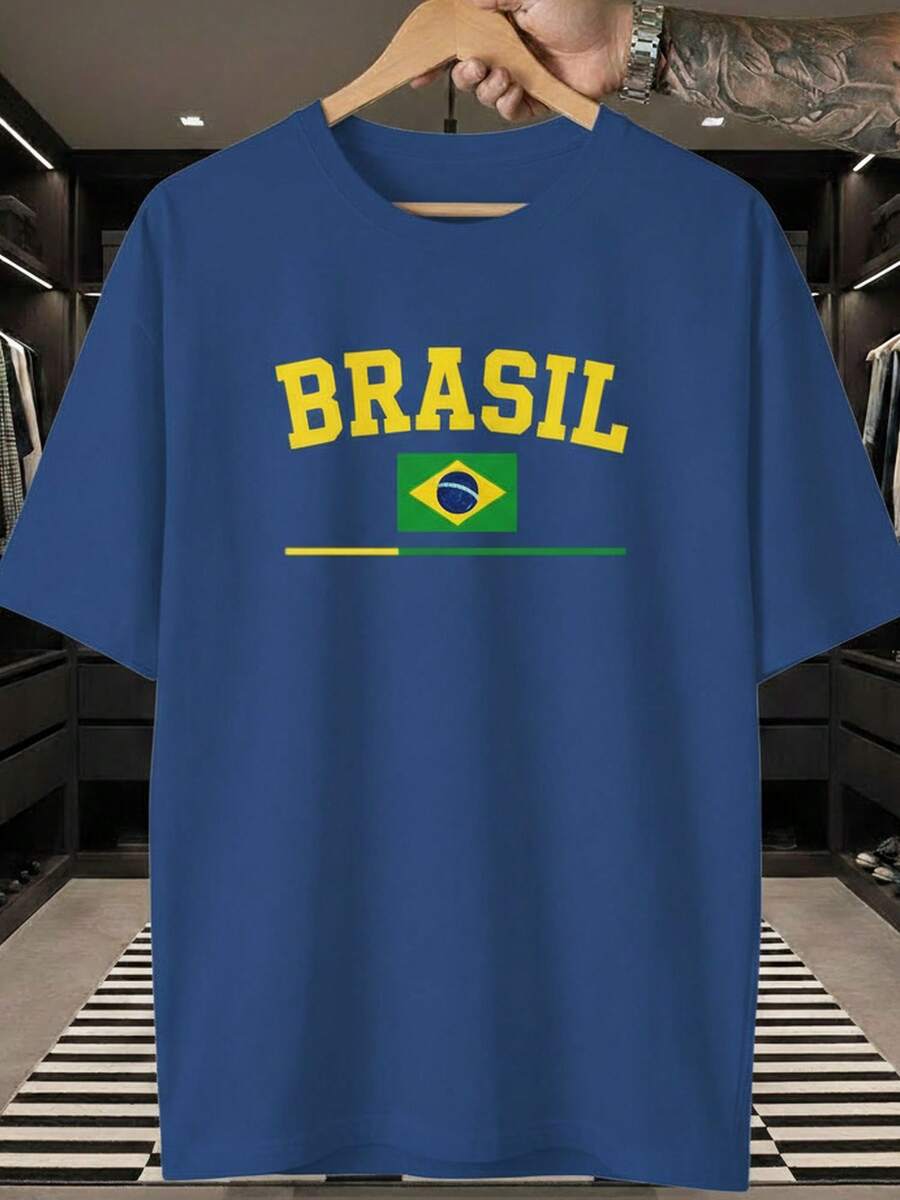 Unisex T-Shirt Supporting The Brazilian National Football Team, Flag, Stripes, Short Sleeve, Men's And Women's, 100% Cotton, Casual, Crew Neck - 寶藍色 - 查看 1