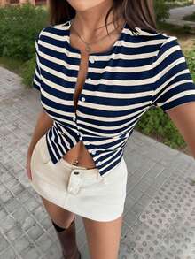 VIVINA女士春夏时尚：简约撞色条纹圆领短袖女士休闲衬衫，适合旅行、度假和夏季日常穿着 - 白藍 - 查看 9