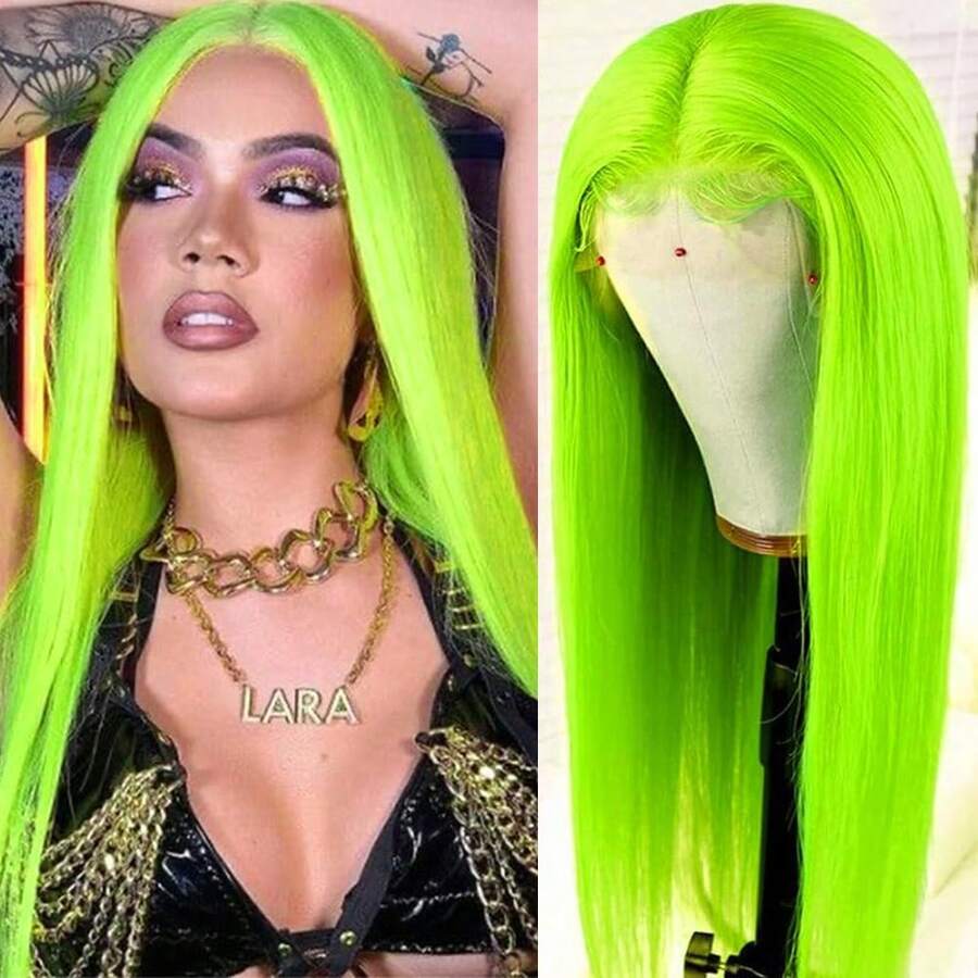 Gorgeous Neon Green Hair Synthetic Lace Front Wigs 28 Inch Pre Plucked Long Straight Hair Wigs Glueless Halloween Wigs Heat Resistant Fluorescent Green Straight Lace Front Wigs For Fashion Women For Daily Christmas Party Cosplay Use - 螢光綠 - 查看 1