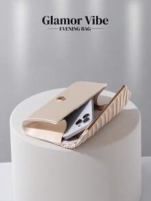 Bolso de mano de satén color champán plisado - Con cadena dorada desmontable, adecuado para bodas, fiestas, bailes de graduación - Albaricoque - Ver 9