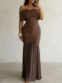 Vestido Maxi Elegante de unicolor con Volantes, Hombros Descubiertos, Cremallera, Formal para Fiesta de Noche, Playa, Boda, Primavera, Marrón para Mujeres - Marrón - Ver 1
