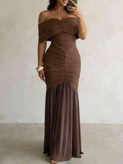 纯色优雅荷叶边露肩拉链正式晚宴沙滩长裙（女款）