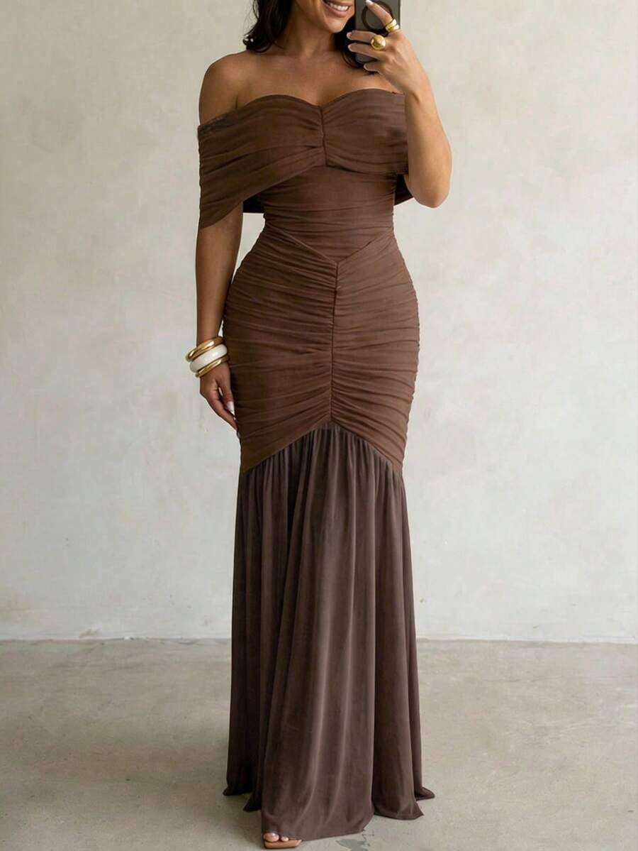 Vestido Maxi Elegante de unicolor con Volantes, Hombros Descubiertos, Cremallera, Formal para Fiesta de Noche, Playa, Boda, Primavera, Marrón para Mujeres - Marrón - Ver 1