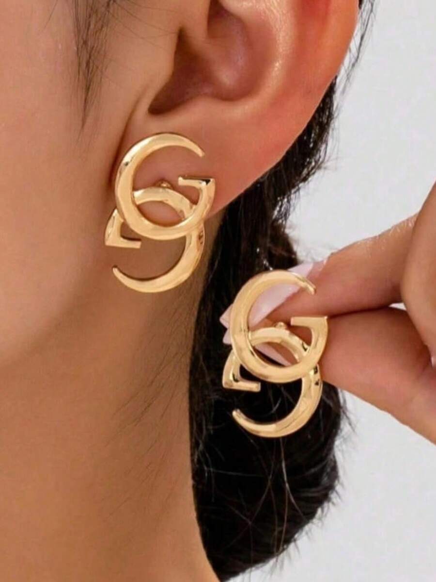 1 Pair Classic Best-Selling Double G Earrings, Hollow-Out Gold Party Earrings, Fashionable Minimalist Versatile Commuting Earrings - Gold - View 1