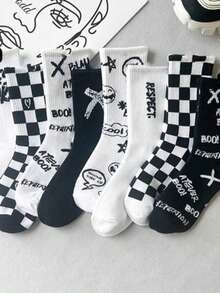 8 Pasang Kaos Kaki Pendek Motif Kotak-kotak dan Huruf Grafiti Warna Acak untuk Anak Laki-laki, Perempuan, Remaja, Gaya Kasual Jalanan, Cocok untuk Musim Semi/Gugur, Kaos Kaki Olahraga, Kaos Kaki Pelajar - MultiWarna - View 3