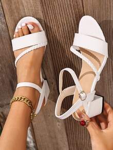 Sandal quai ngang dệt, gót chunky, mũi tròn, khóa cài, màu trơn, thời trang, đa năng, khóa cài, mũi tròn, gót cao, chống trượt, phong cách hàng ngày, ngoài trời - Vải trắng - Xem 2