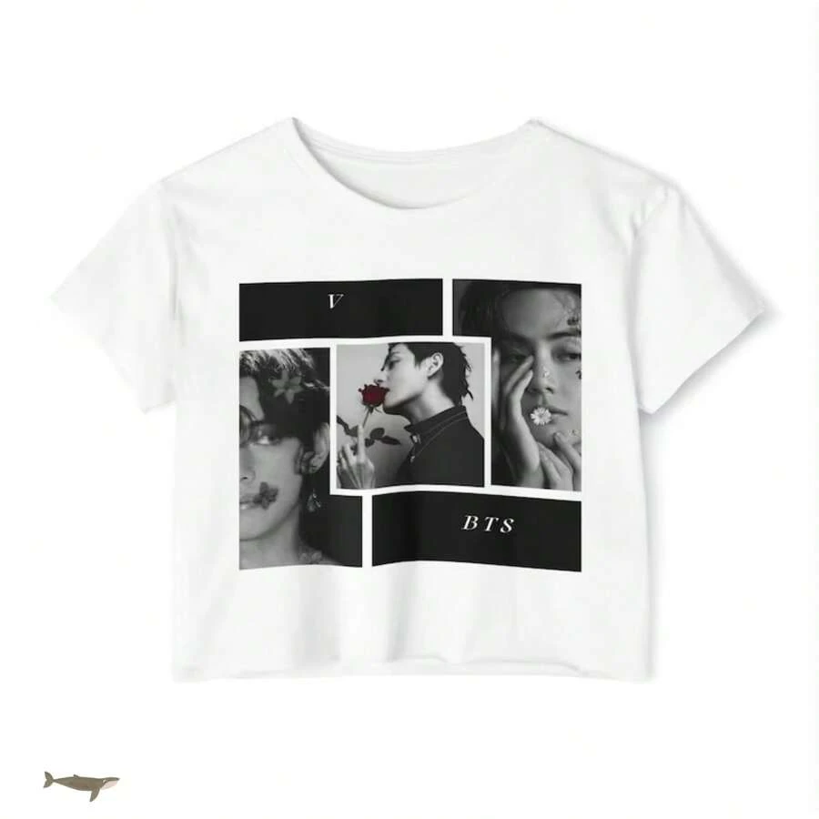 BTS V Photo Collage Crop Top_ Taehyung Lyric Back Print Shirt - 白色 - 查看 1