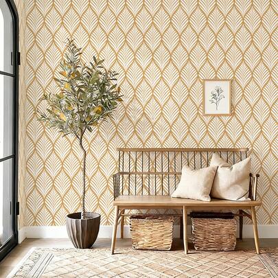 1 Cuộn Giấy Dán Tường Tự Dính Phong Cách Tối Giản Hiện Đại, Họa Tiết Kim Cương, Chất Liệu Vinyl, Dễ Dán, Bền Và Có Thể Tháo Gỡ, Giấy Dán Tường Họa Tiết Lá Cây Sọc Vàng, Hình Dán Trang Trí Nhà Cửa, Trang Trí Phòng Khách, Giấy Dán Tường Nhà Bếp