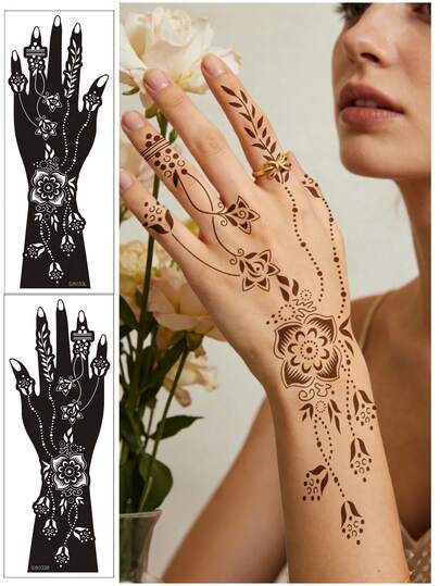 2pcs Hand Flower Tattoo Stencils, Reusable Temporary Tattoo Stickers, Suitable For DIY Body Art Makeup, Spring/Summer Floral Hand Tattoo Templates