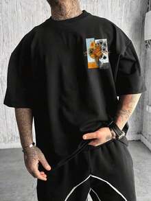 T-shirts à manches courtes Hauts d'été T-shirt décontracté ample en polyester pour hommes, col rond, avec impression numérique du tournesol de Van Gogh. Vêtements pour la fête du Roi - Noir - Voir 2