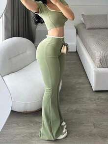 Spring & Summer Casual Women's Black Cropped Round Neck Top And Flare Pants Set, 2-Piece Outfit With Contrast Trim, Suitable For Going Out - 綠色 - 查看 13