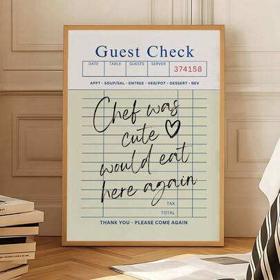 1pc Guest Check Print, Chef Was Cute Would Eat Here Again, Kitchen Art, Minimal Kitchen Poster, Chef Art Print, Restaurant Art, Festival Gift, The Ideal Gift For Friends, Bedroom Art Print, Living Room Decor, Office Decor, Wall Arts, Wall Decor, Home Decor, Room Decor, Canvas Wall Art, Posters, Wall Art With Frame, Optional Frame ﻿ ﻿ ﻿ ﻿ ﻿ ﻿ ﻿