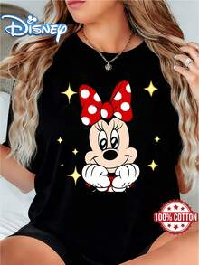 Disney T-Shirt (Officially Licensed)Women's Fashion Black Short Sleeve T-Shirt Model Wear, Cute Disney Minnie Mouse Print With Hands On Cheeks And Yellow Star Decorations, Red Polka Dot Bow, 100% Cotton Casual Tee, Disney Shirts, Summer Outfits For Women, Spring Outfits For Women, Officially Licensed Disney T-Shirts, Disney Men's And Women's Spring/Summer Fashion Casual Short-Sleeve T-Shirts - 黑色 - 查看 1