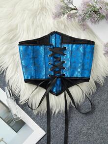 Gothic Style Blue Corset Belt, Layering Design With Back Tie, Retro Jacquard Texture, Boned Shaping, Essential For Dates And Outings - Black and Blue - View 3
