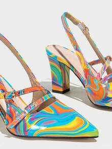 Sandalias de tacón grueso con punta puntiaguda y tira trasera de colores para mujer, versátiles y adecuadas para banquetes y fiestas con tacones altos - Azul multicolor - Ver 5