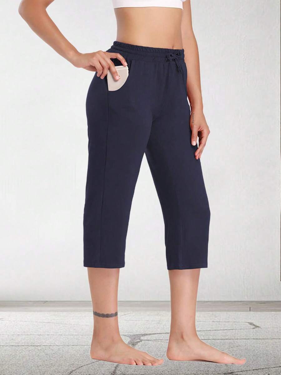 Women's Comfort Yoga Capri Pants With Drawstring & Pockets, Straight Wide Leg Sweatpants For Sports And Casual - 海軍 - 查看 1