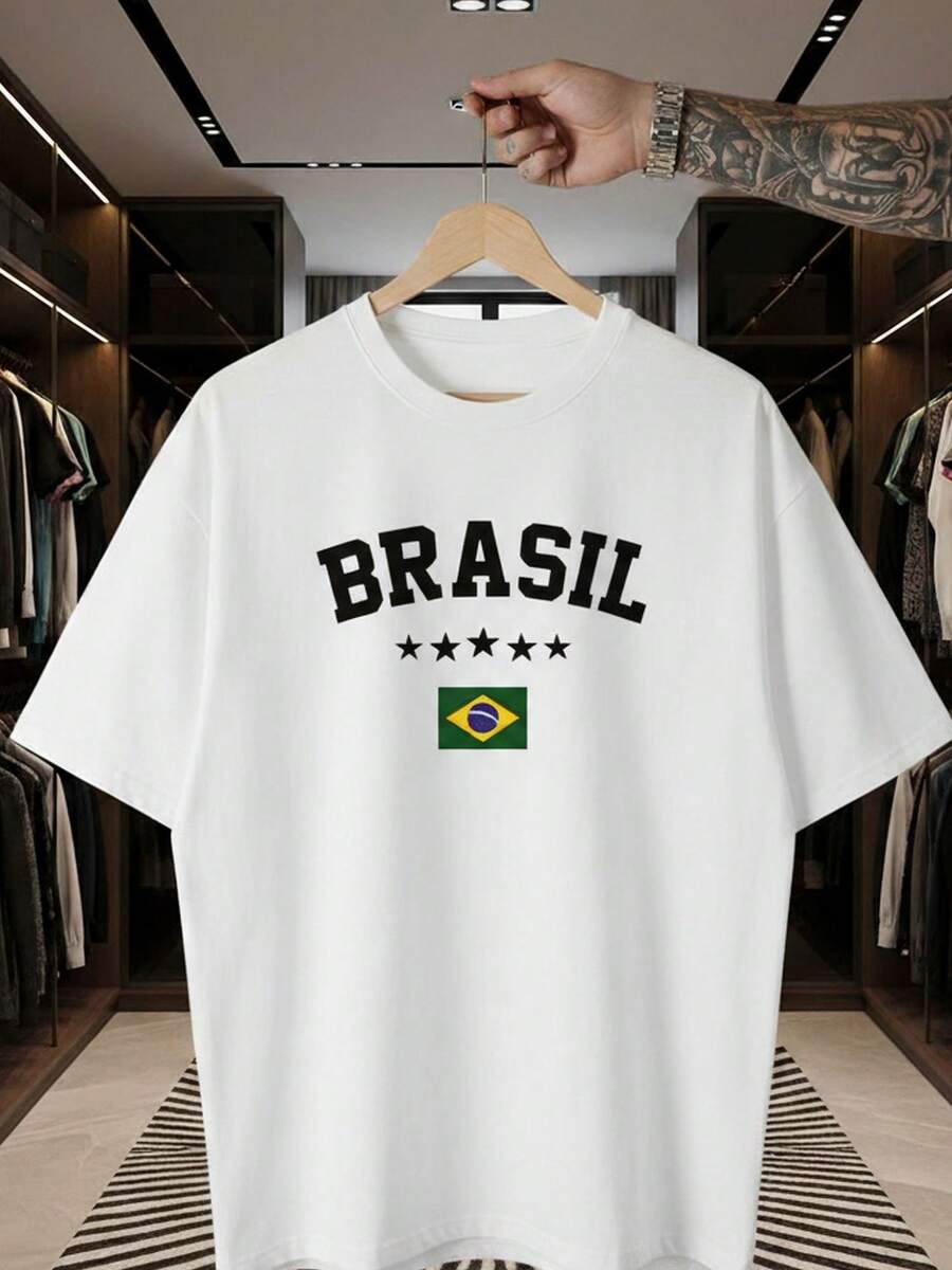 Unisex T-Shirt Supporting The Brazilian National Football Team, Green And Yellow, Short Sleeve, Men's And Women's, 100% Cotton, Casual, Crew Neck - 白色 - 查看 1