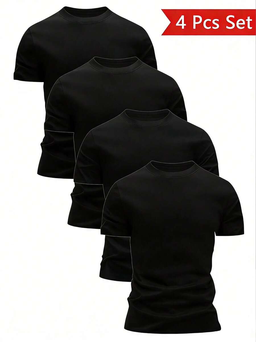 Set de 4 camisetas de manga corta de cuello redondo de unicolor casual para hombres, para verano - Negro - Ver 1
