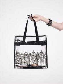 1个哥特风透明印花手提包，透明PVC单肩包，暗黑美学休闲手提包，适合日常和旅行，哥特风休闲手提单肩包 - 黑色 - 查看 9