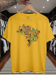 Stylish Unisex T-Shirt Supporting The Brazilian National Football Team, Short Sleeve, Men's And Women's, 100% Cotton, Casual, Crew Neck - 黃色 - 查看 1