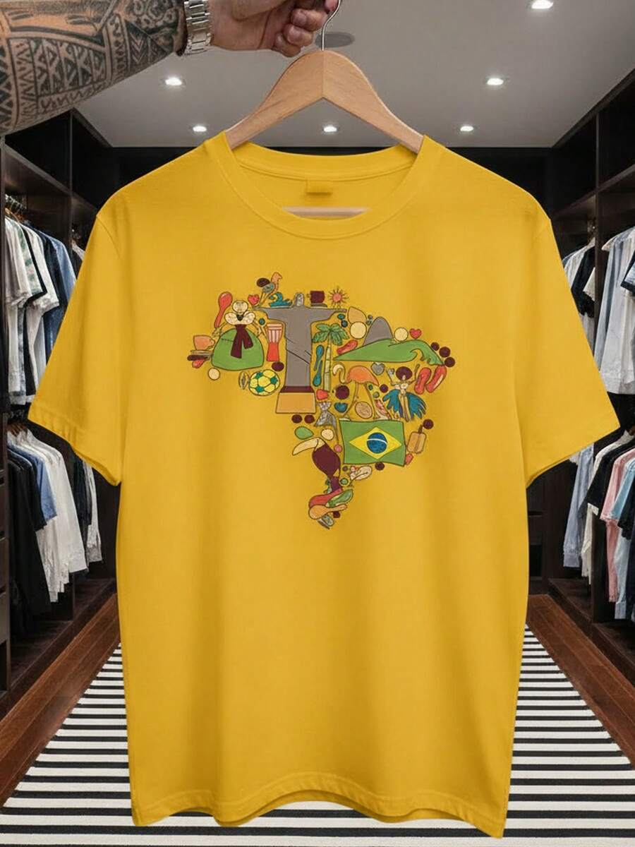 Stylish Unisex T-Shirt Supporting The Brazilian National Football Team, Short Sleeve, Men's And Women's, 100% Cotton, Casual, Crew Neck - 黃色 - 查看 1