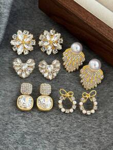 5 Pairs Elegant Rhinestone Glass Flower, Heart, Geometric Faux Pearl Earrings Set, Luxury Suitable For Vacation, Party, Daily Wear, Formal Events - Yellow Gold - View 11