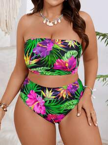 2026 New Plus Size Bandeau Bikini  Tropical Floral Swimsuit For Women  High Waisted Two Piece Bathing Suit  Adjustable Straps  Removable Pads  14W-22W - Hồng - Xem 7