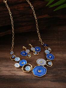 Cring Coco 1 Elegante conjunto de joyería retro de estilo bohemio con diseño geométrico calado de la serie botánica de verano, de aleación de zinc con collar y pendientes elásticos para mujeres. Perfectamente adecuado para mujeres hermosas. Apropiado para uso diario, vacaciones, banquetes de alta gama, fiestas, San Valentín, Día de la Madre, cumpleaños y días festivos. - Caqui - Ver 2